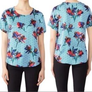 Equipment Femme 100% Silk Scoop Neck Shortsleeved Blue Floral Top M